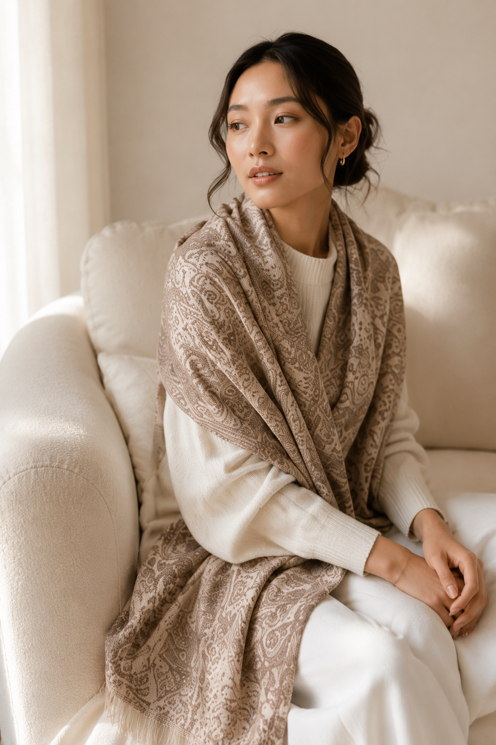 Pure Alxa cashmere paisley wrap in natural tones, MORIN DAWA luxury knitwear from Inner Mongolia