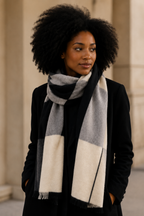 Alxa cashmere geometric block wrap, bold pattern luxury scarf by MORIN DAWA
